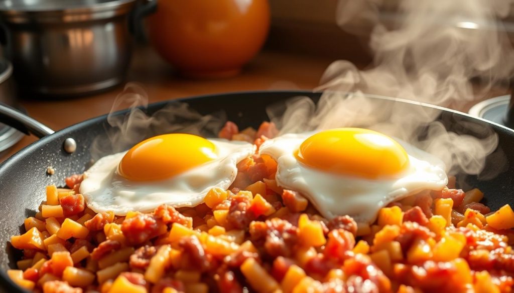 Eggs cooking in corned beef hash