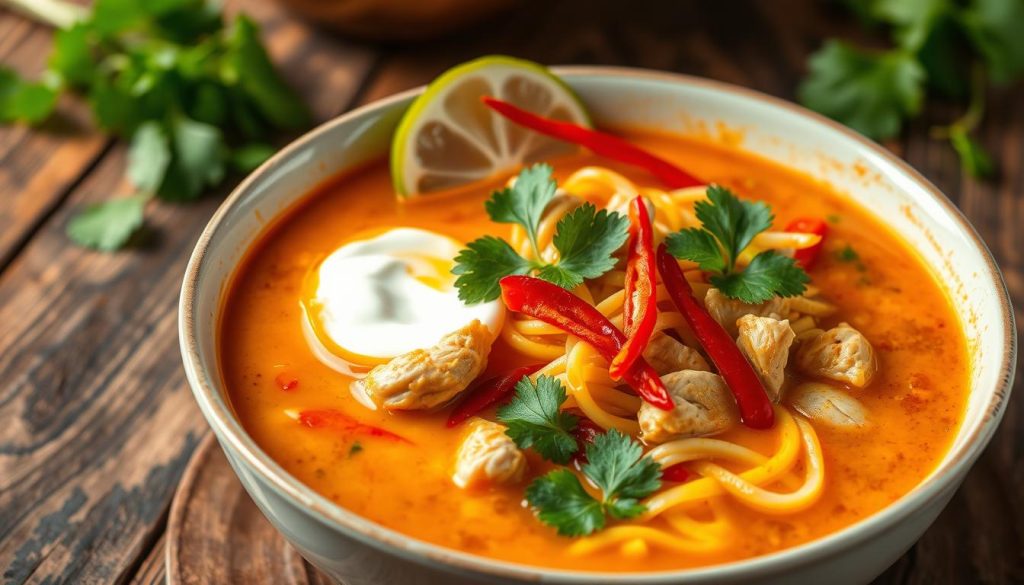 Thai curry chicken noodle soup garnishes