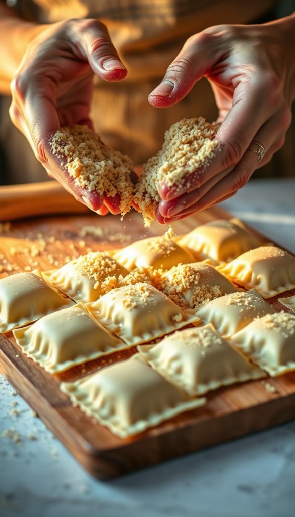 coating ravioli with breadcrumbs