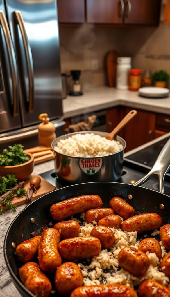 cooking sausage and rice process