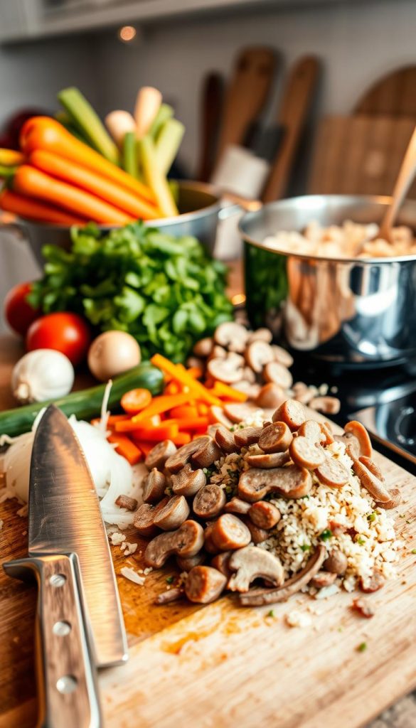 prepping vegetables for sausage and rice recipe