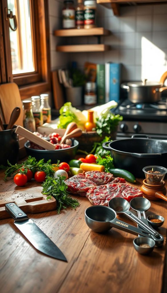 Essential ingredients and tools for cooking