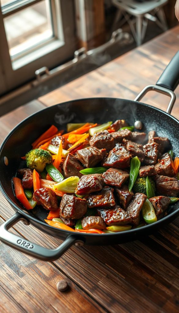 Stir-frying beef and vegetables